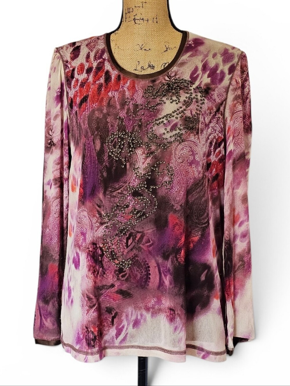 Luisa Cerano Artistic Beaded Paisley Print Long Sleeve Stretch Knit Top, Size L